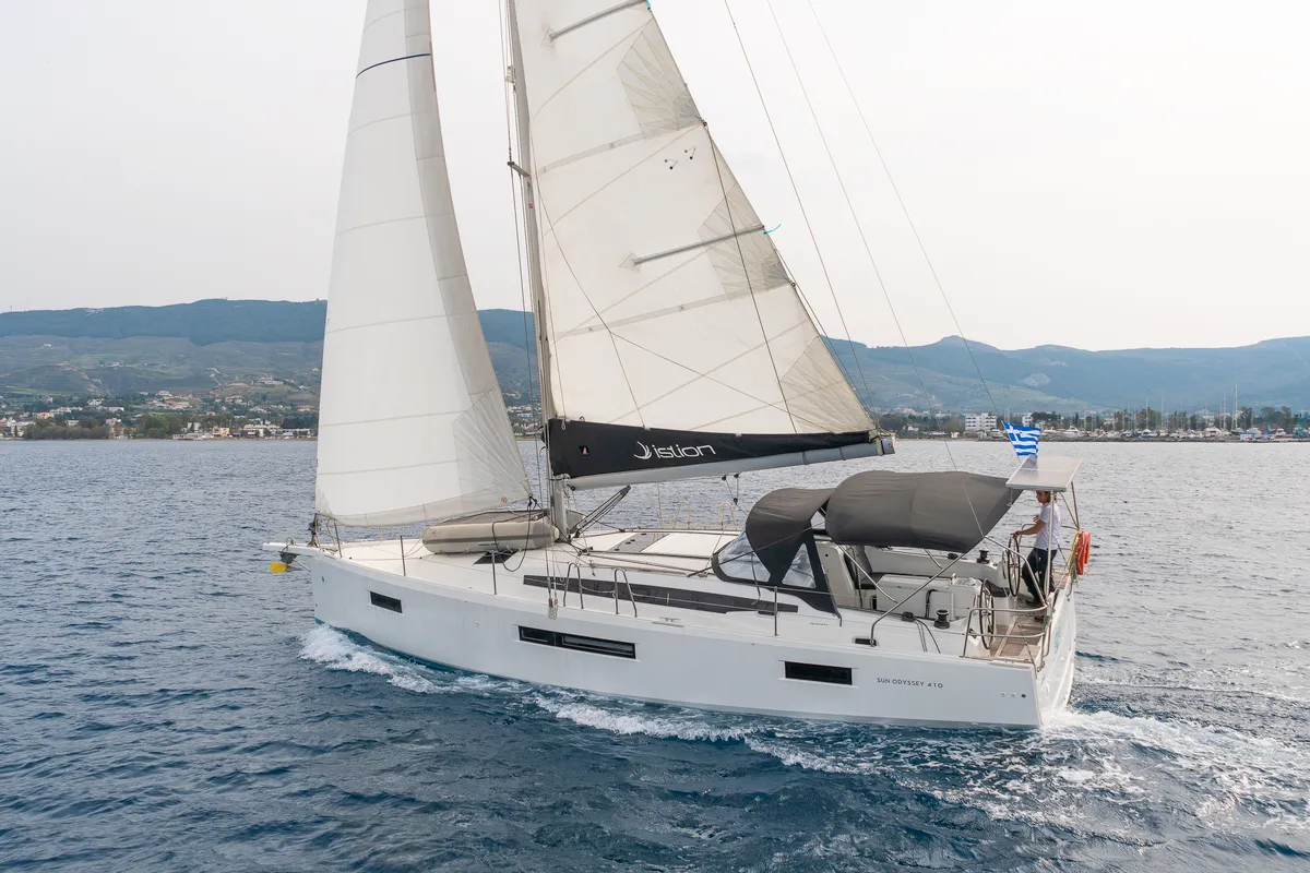 Exterior view of Geva X, a Jeanneau Sun Odyssey 410 sailboat at Kos, Greece