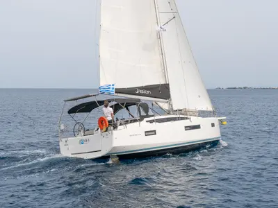 Exterior view of Geva X, a Jeanneau Sun Odyssey 410 sailboat at Kos, Greece
