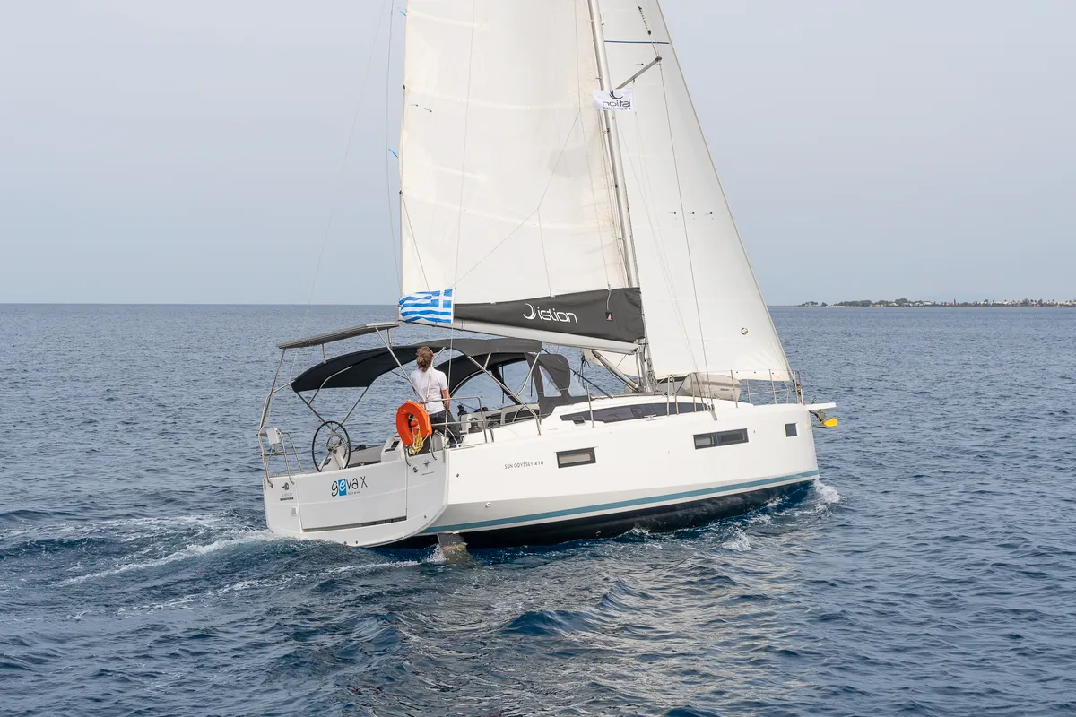 Exterior view of Geva X, a Jeanneau Sun Odyssey 410 sailboat at Kos, Greece