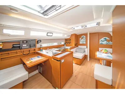 Salon of Geva X, a Jeanneau Sun Odyssey 410 sailboat at Kos, Greece