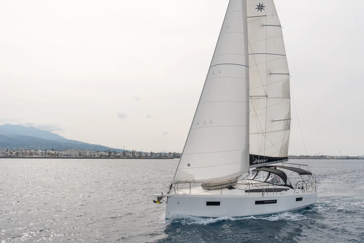 Exterior view of Geva X, a Jeanneau Sun Odyssey 410 sailboat at Kos, Greece