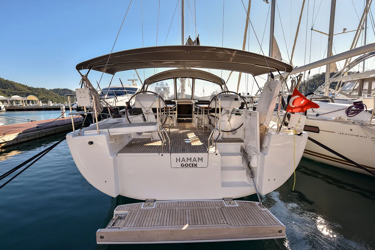 Deck of Hamam, a Hanse 508 sailboat at Fethiye, Turkey