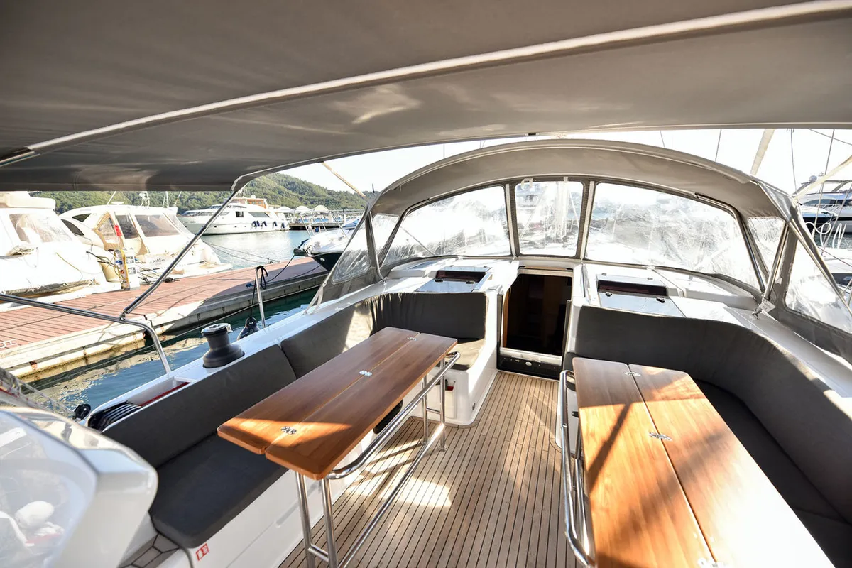 Cockpit of Hamam, a Hanse 508 sailboat at Fethiye, Turkey