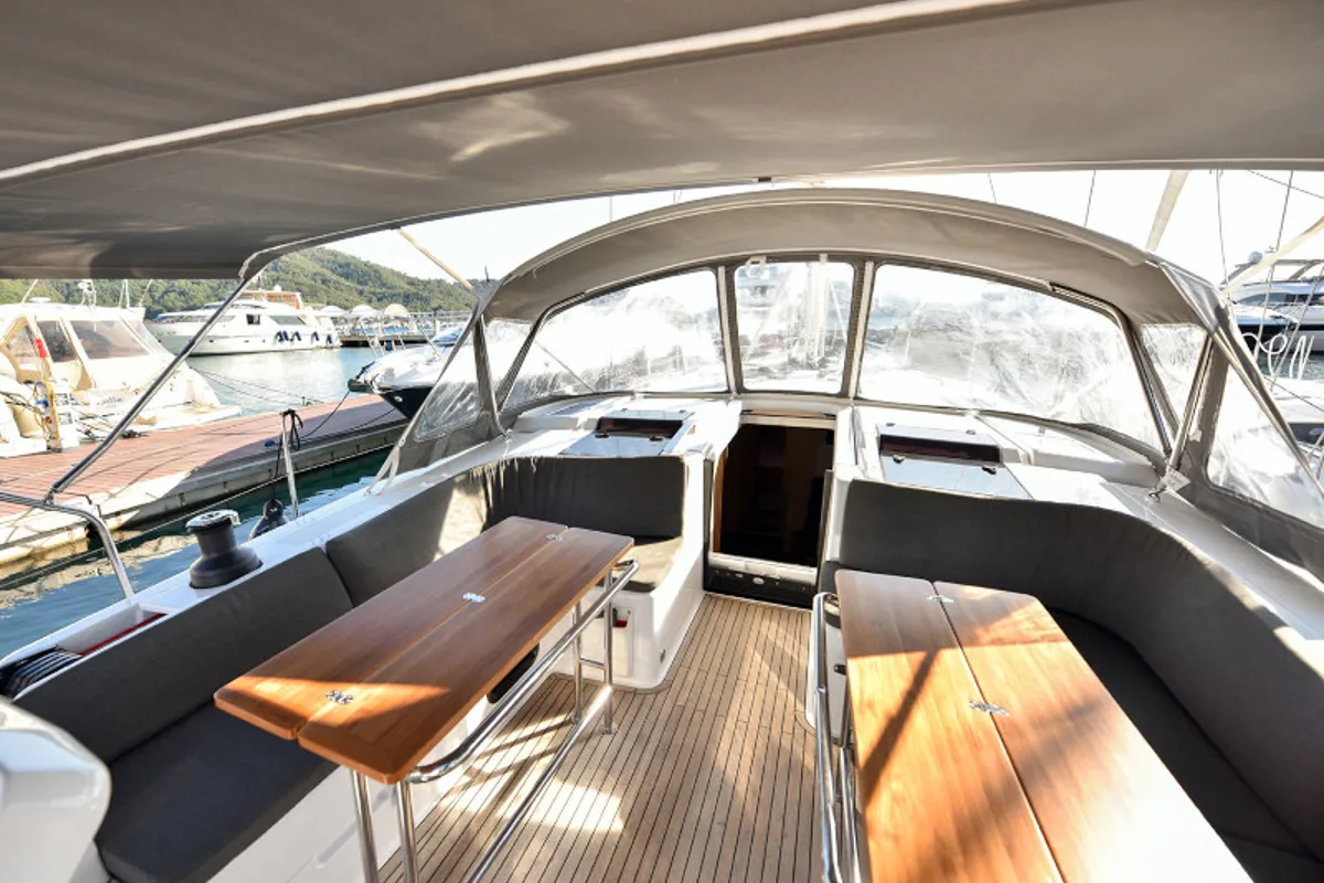 Deck of Hamam, a Hanse 508 sailboat at Fethiye, Turkey