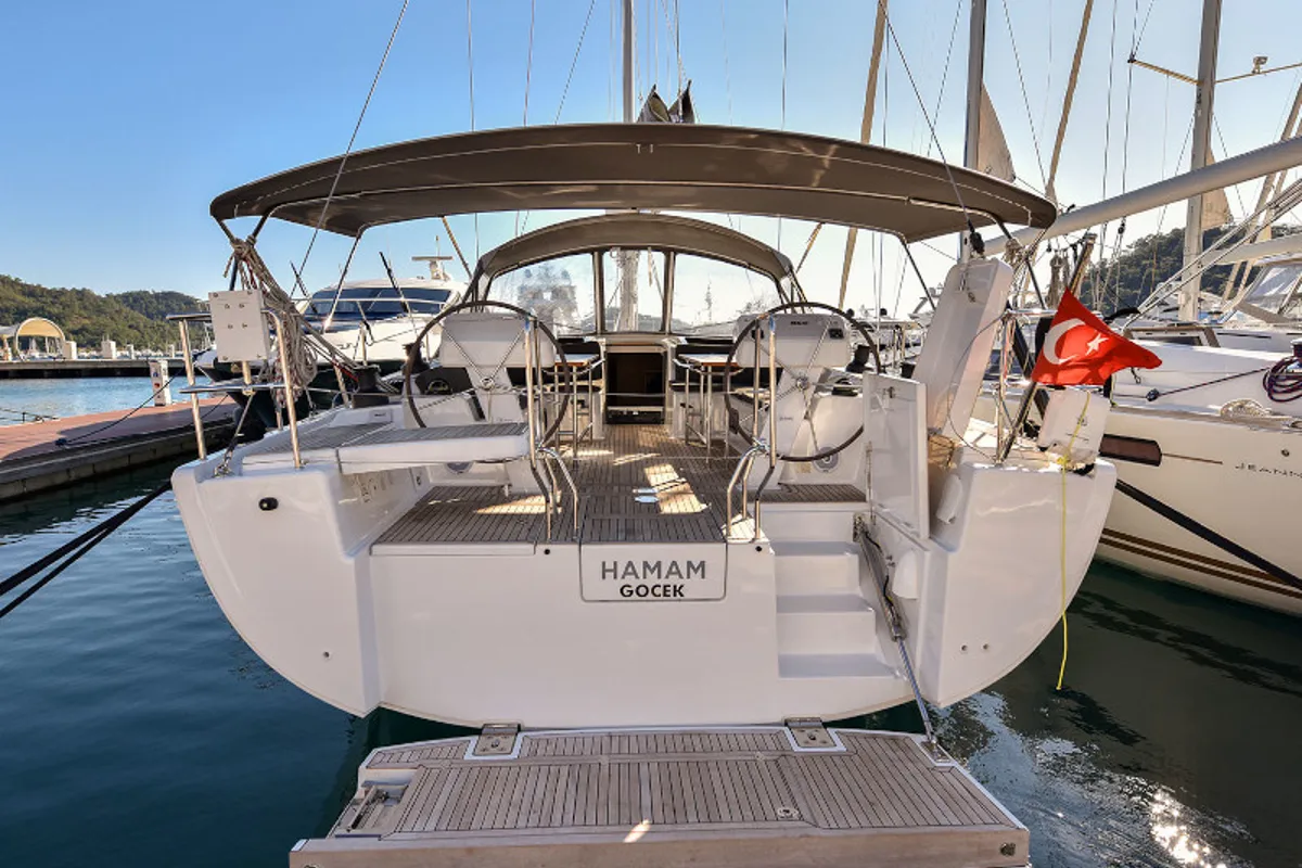Exterior view of Hamam, a Hanse 508 sailboat at Fethiye, Turkey