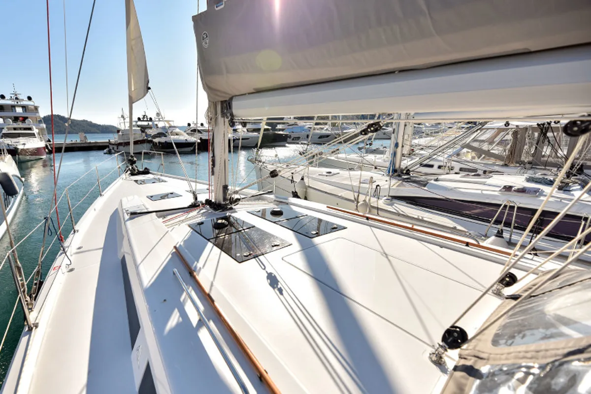 Deck of Hamam, a Hanse 508 sailboat at Fethiye, Turkey