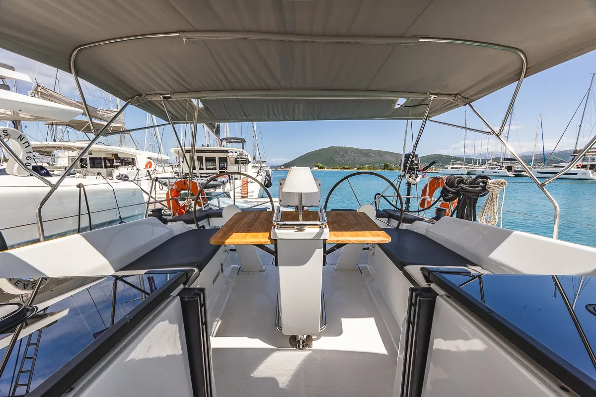 Cockpit of Dafne, a Hanse 418 sailboat at Municipal Unit of Lefkada, Greece