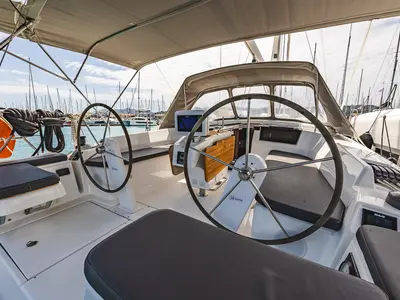 Cockpit of Dafne, a Hanse 418 sailboat at Municipal Unit of Lefkada, Greece