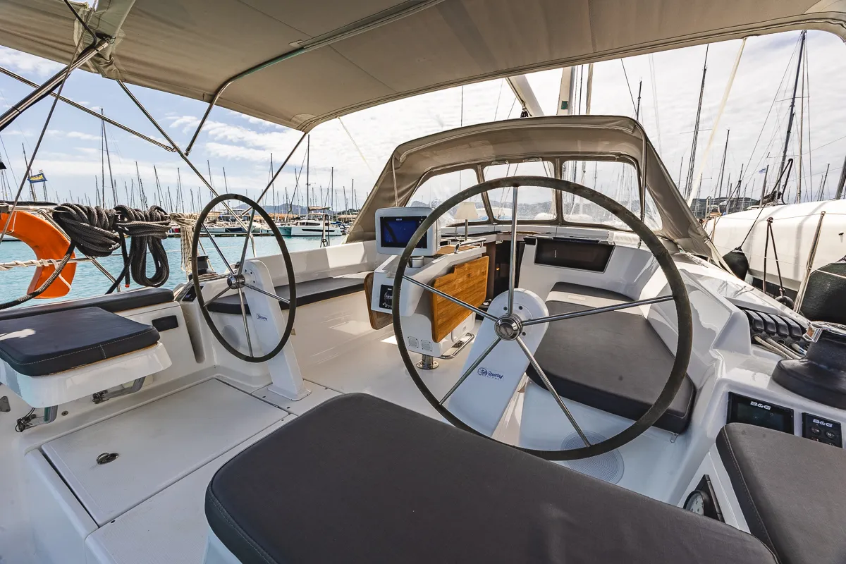 Cockpit of Dafne, a Hanse 418 sailboat at Municipal Unit of Lefkada, Greece