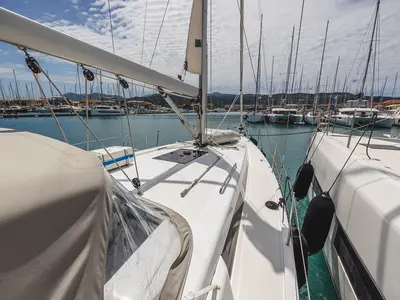Deck of Dafne, a Hanse 418 sailboat at Municipal Unit of Lefkada, Greece