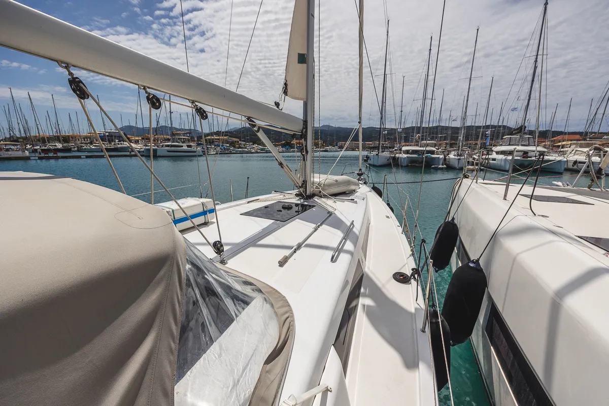 Deck of Dafne, a Hanse 418 sailboat at Municipal Unit of Lefkada, Greece