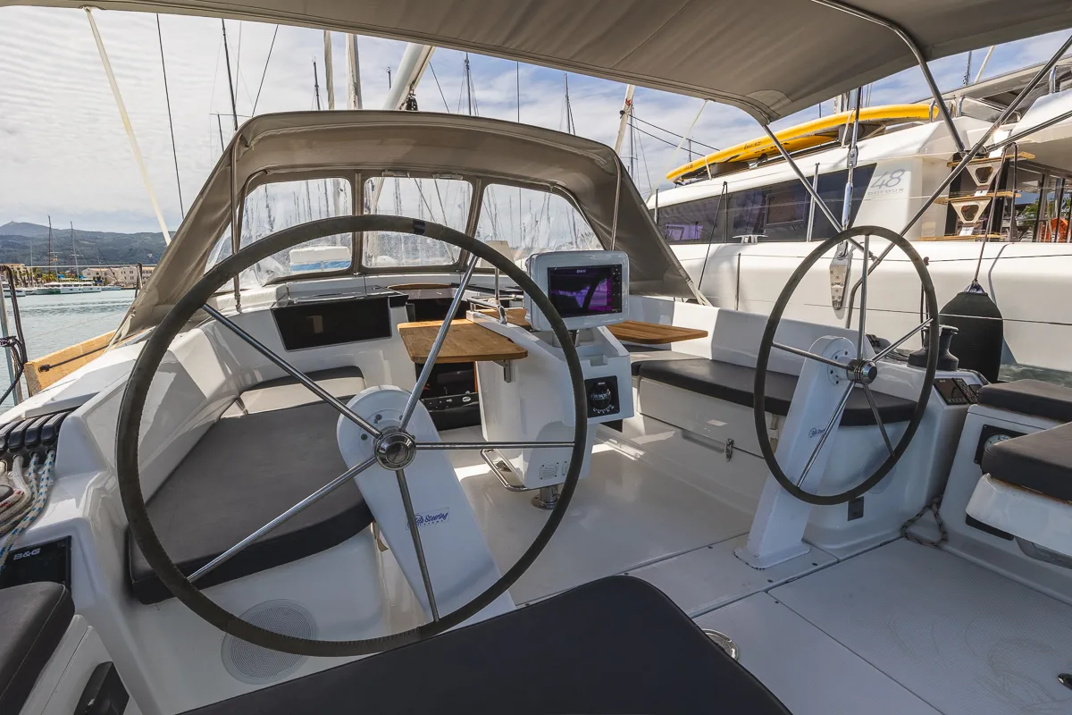 Cockpit of Dafne, a Hanse 418 sailboat at Municipal Unit of Lefkada, Greece