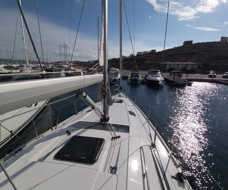 Exterior view of Ariadne, a Elan Impression 45.1 sailboat at Lavrion, Greece