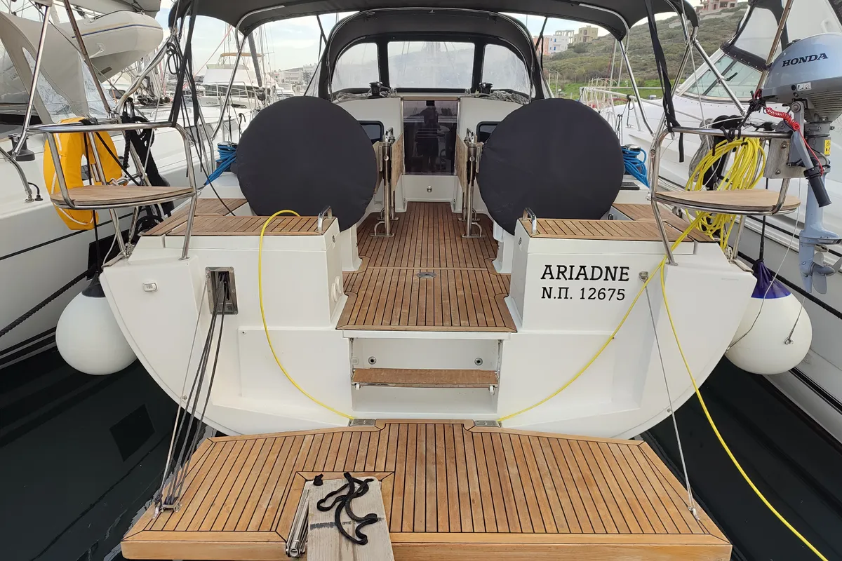 Exterior view of Ariadne, a Elan Impression 45.1 sailboat at Lavrion, Greece