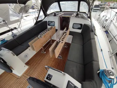 Deck of Ariadne, a Elan Impression 45.1 sailboat at Lavrion, Greece