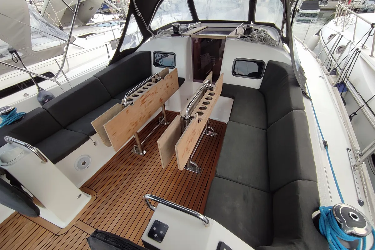 Deck of Ariadne, a Elan Impression 45.1 sailboat at Lavrion, Greece