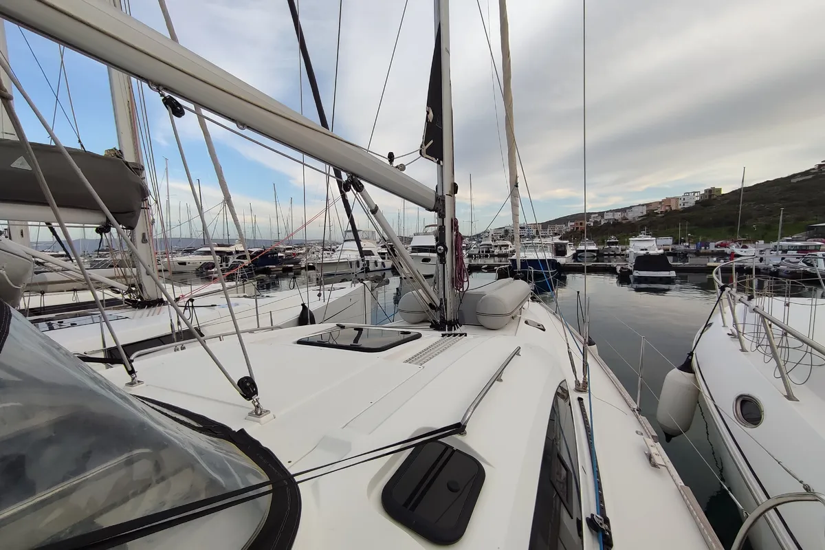 Deck of Ariadne, a Elan Impression 45.1 sailboat at Lavrion, Greece