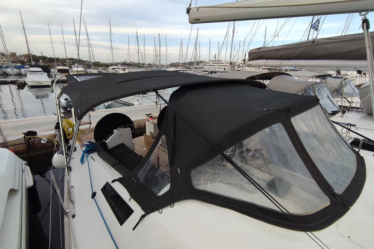 Deck of Ariadne, a Elan Impression 45.1 sailboat at Lavrion, Greece