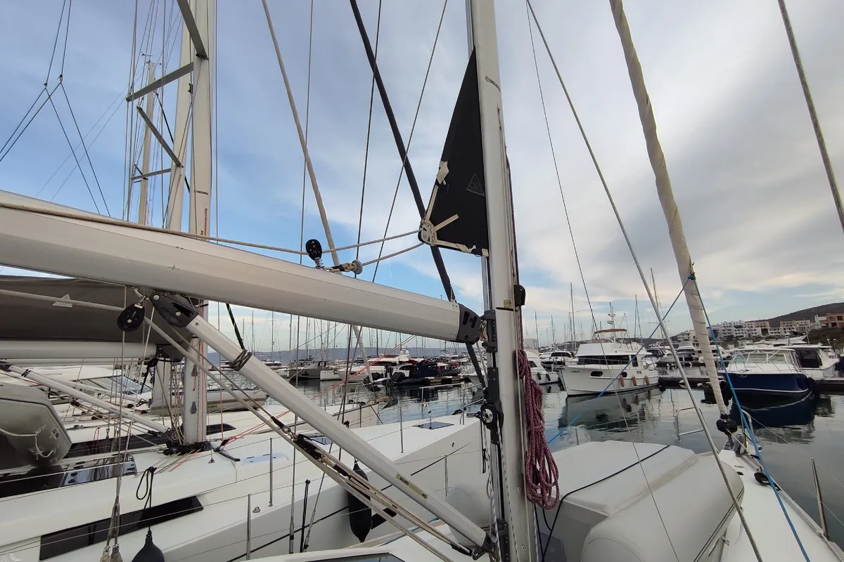 Exterior view of Ariadne, a Elan Impression 45.1 sailboat at Lavrion, Greece