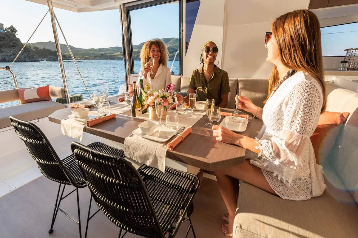 Deck of Lizzy, a Bali 4.2 catamaran at Seget Donji, Croatia