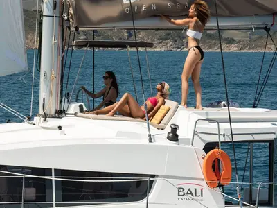 Deck of Lizzy, a Bali 4.2 catamaran at Seget Donji, Croatia