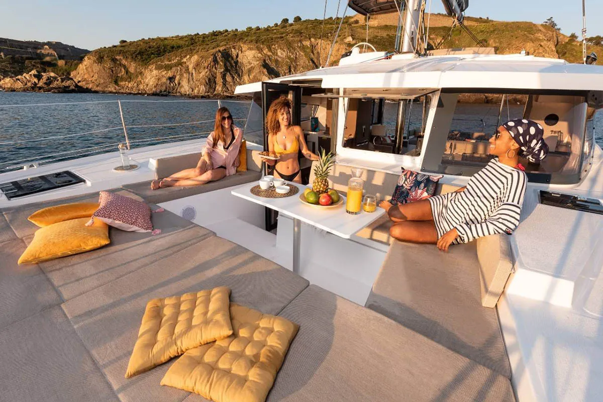 Deck of Lizzy, a Bali 4.2 catamaran at Seget Donji, Croatia