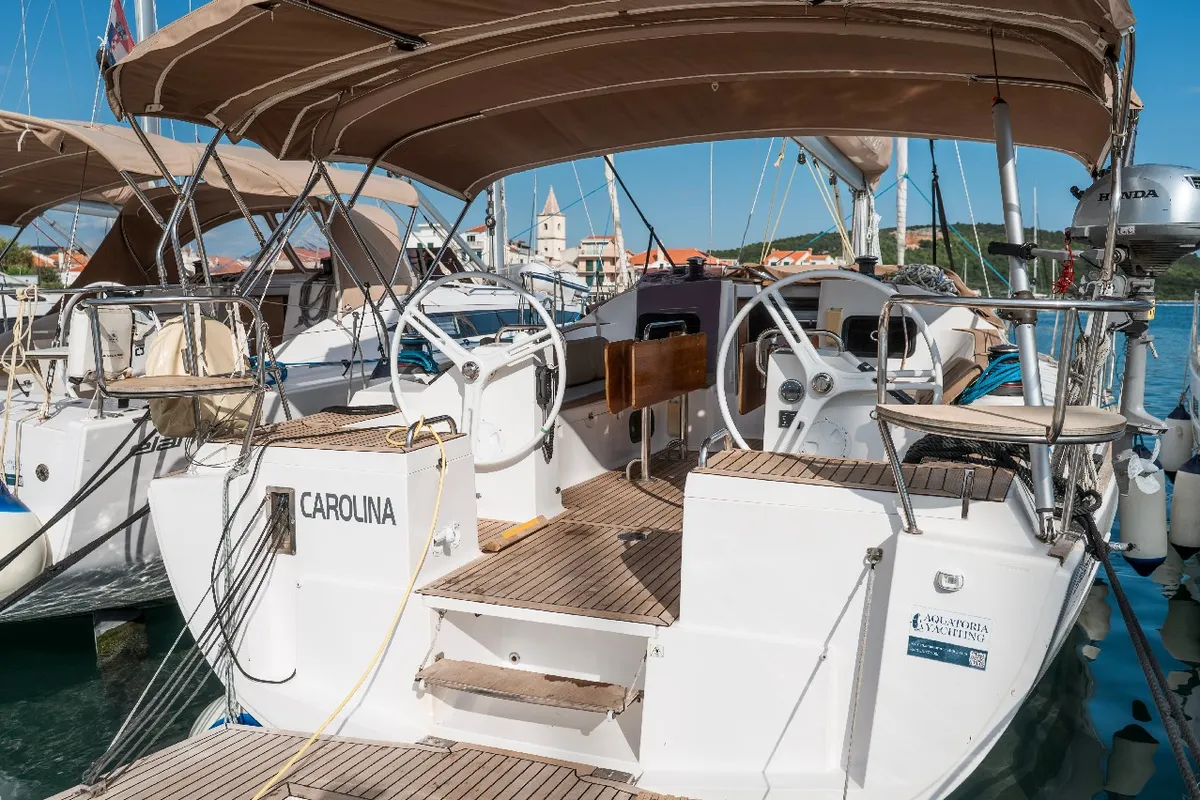 Deck of Carolina, a Elan Impression 45.1 sailboat at Pirovac, Croatia