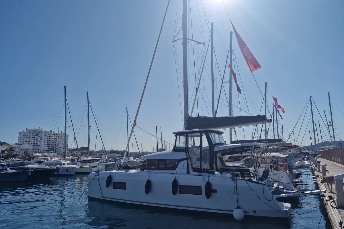 Exterior view of Best Elli, a Lagoon 42 catamaran at Sant Antoni de Portmany, Spain