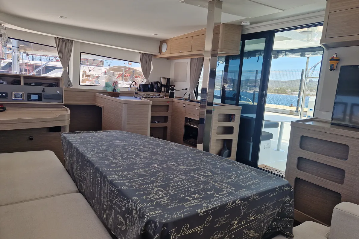 Salon of Best Elli, a Lagoon 42 catamaran at Sant Antoni de Portmany, Spain