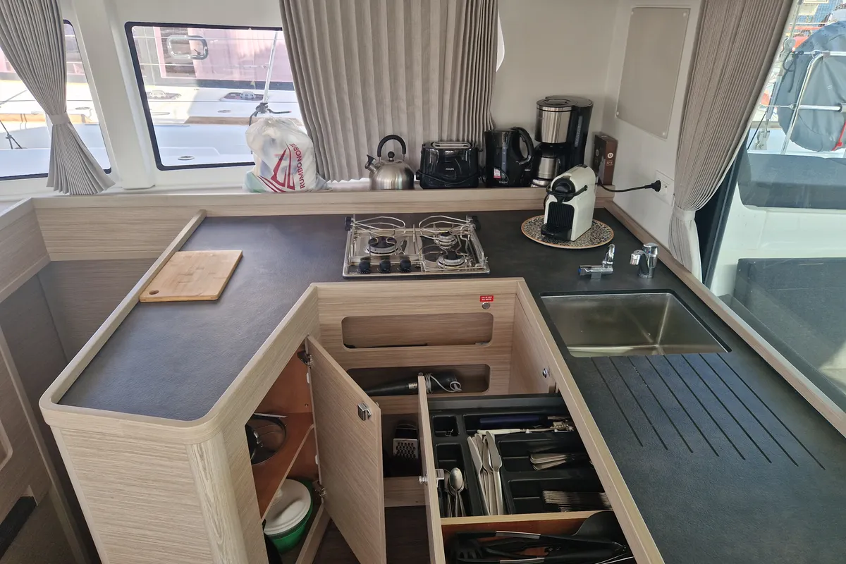 Galley of Best Elli, a Lagoon 42 catamaran at Sant Antoni de Portmany, Spain
