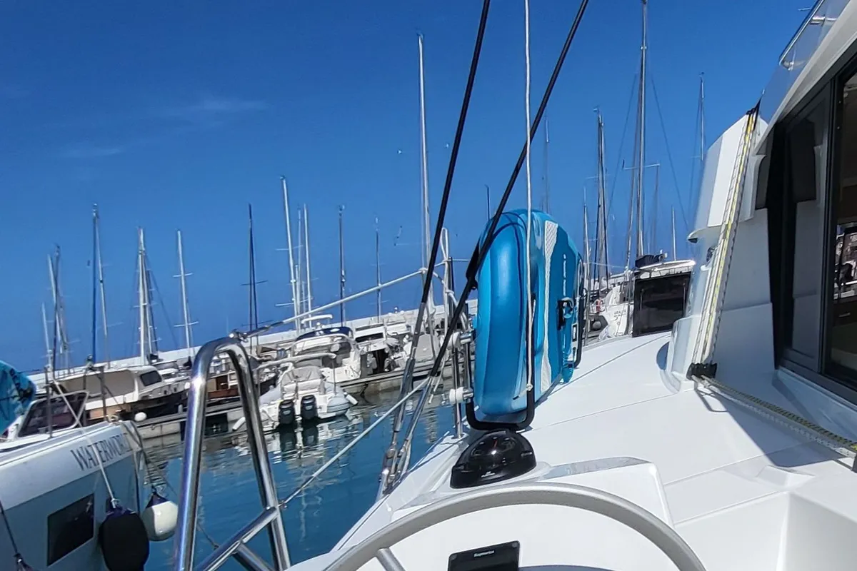 Cockpit of Dolce Luna, a Bali Catsmart catamaran at Figari, Italy