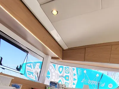 Salon of Dolce Luna, a Bali Catsmart catamaran at Figari, Italy