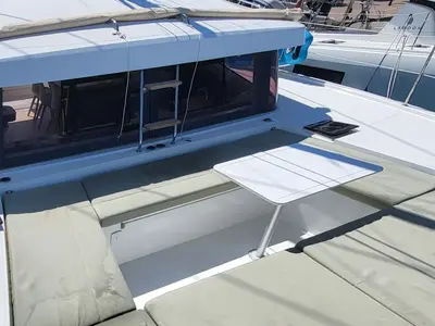 Deck of Dolce Luna, a Bali Catsmart catamaran at Figari, Italy