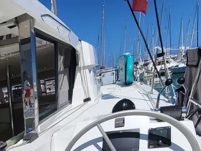Cockpit of Dolce Luna, a Bali Catsmart catamaran at Figari, Italy