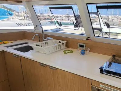 Galley of Dolce Luna, a Bali Catsmart catamaran at Figari, Italy
