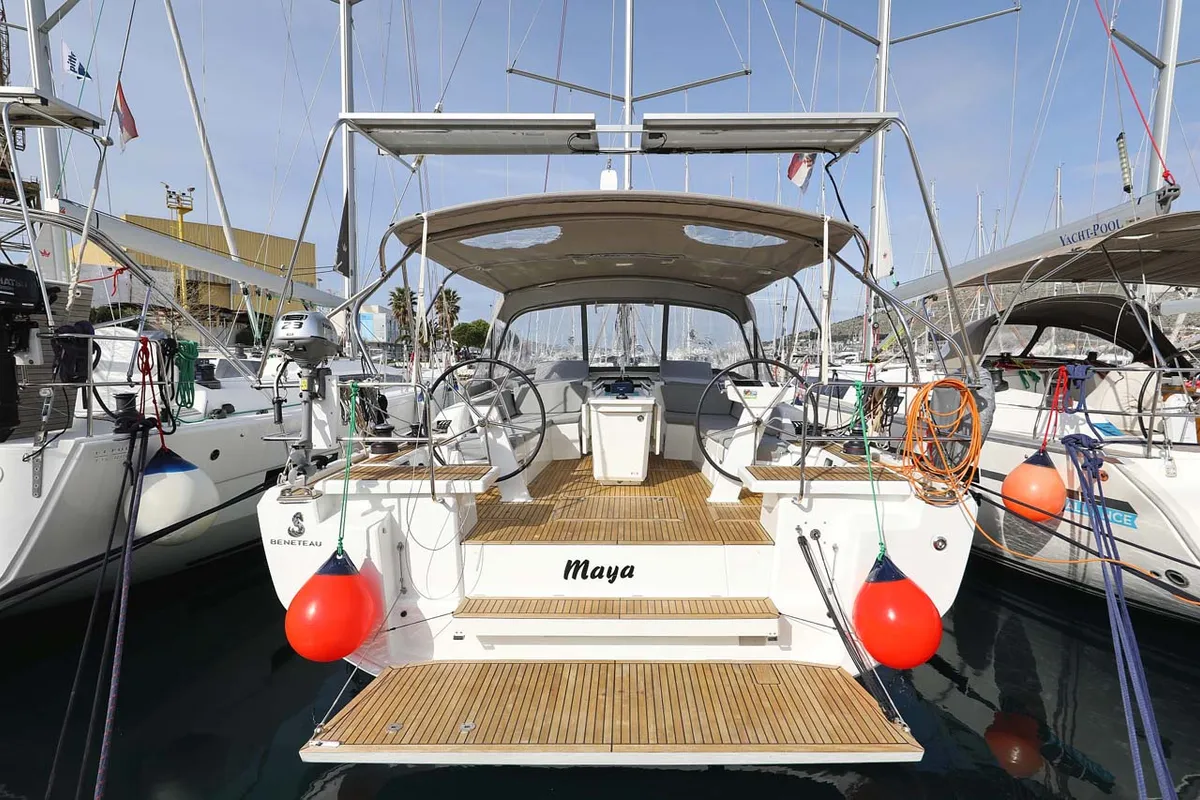 Exterior view of Maya, a Beneteau Oceanis 46.1 sailboat at Municipal Unit of Lefkada, Greece