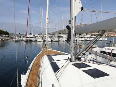 Deck of Maya, a Beneteau Oceanis 46.1 sailboat at Municipal Unit of Lefkada, Greece
