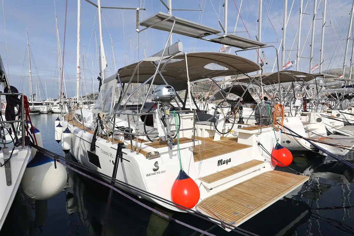 Exterior view of Maya, a Beneteau Oceanis 46.1 sailboat at Municipal Unit of Lefkada, Greece