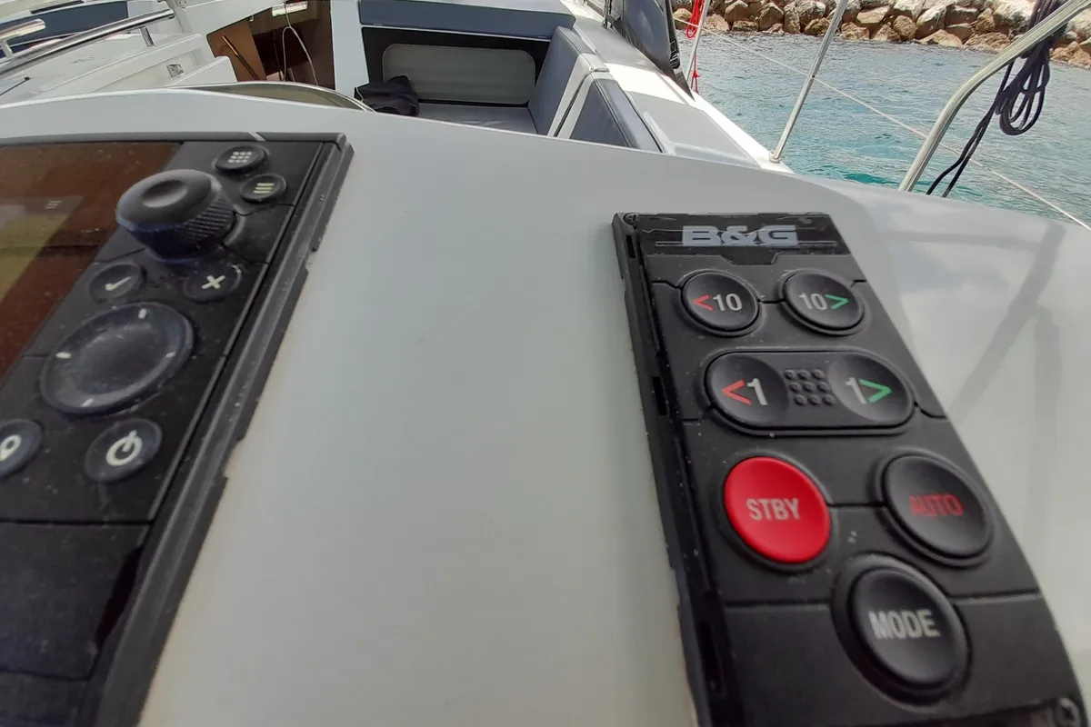 Cockpit of Okiroi, a Beneteau Oceanis 46.1 sailboat at Municipal Unit of Lefkada, Greece