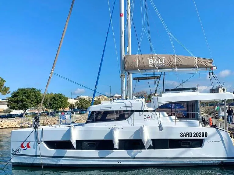 Exterior view of Capriccioli, a Bali Catspace catamaran at Cagliari, Italy