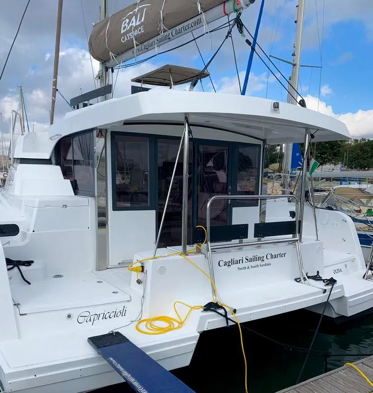 Exterior view of Capriccioli, a Bali Catspace catamaran at Cagliari, Italy