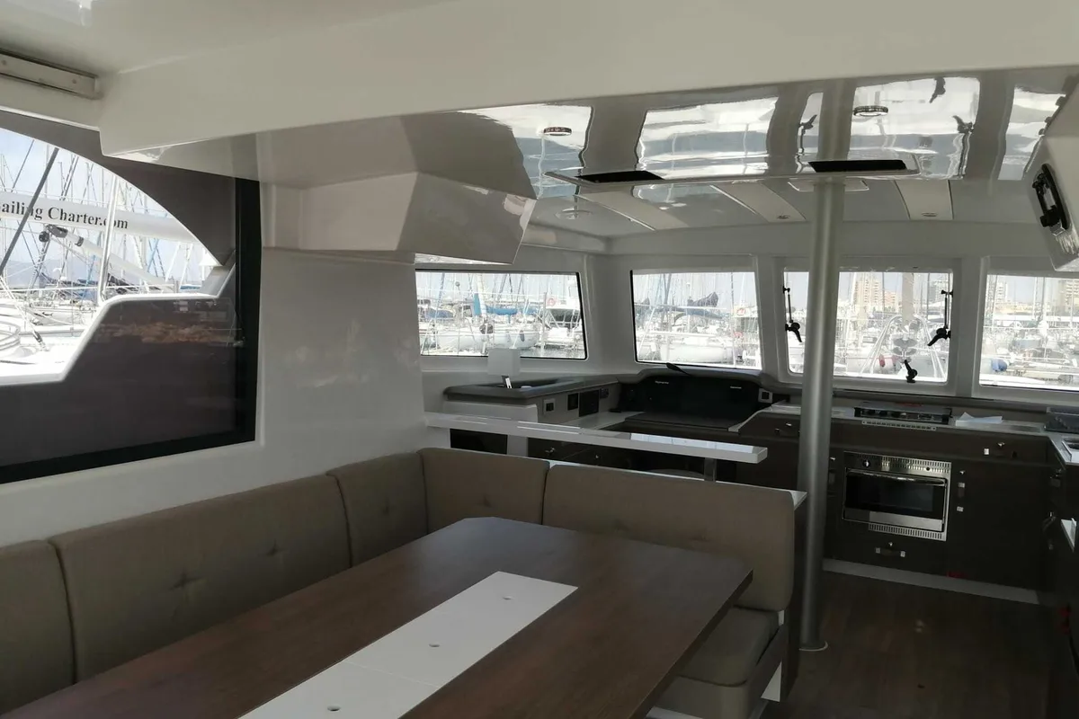 Salon of Capriccioli, a Bali Catspace catamaran at Cagliari, Italy