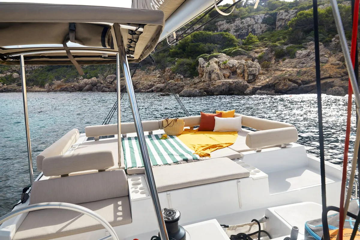 Deck of Capriccioli, a Bali Catspace catamaran at Cagliari, Italy