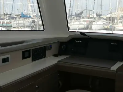 Cockpit of Capriccioli, a Bali Catspace catamaran at Cagliari, Italy