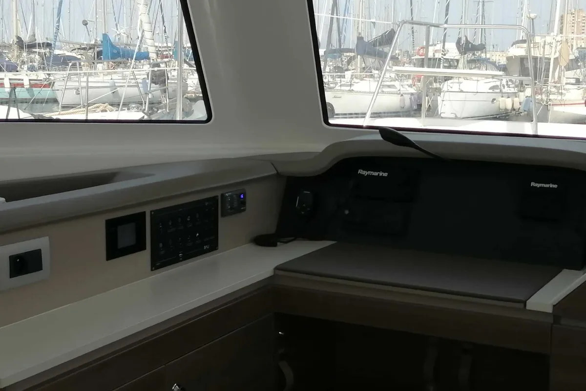 Cockpit of Capriccioli, a Bali Catspace catamaran at Cagliari, Italy