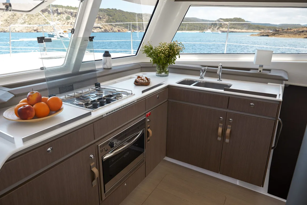 Galley of Capriccioli, a Bali Catspace catamaran at Cagliari, Italy