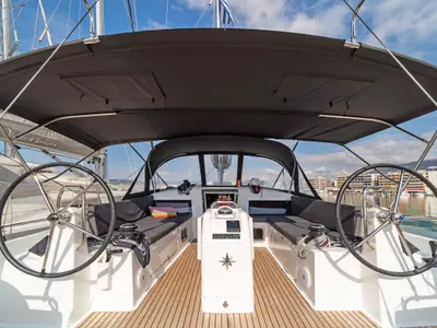 Cockpit of Esperos, a Jeanneau Sun Odyssey 440 sailboat at Volos, Greece