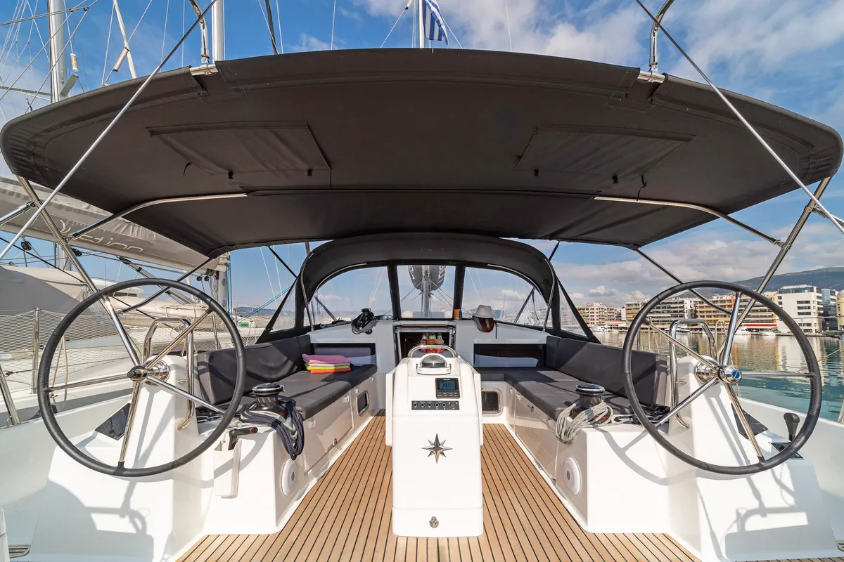 Cockpit of Esperos, a Jeanneau Sun Odyssey 440 sailboat at Volos, Greece