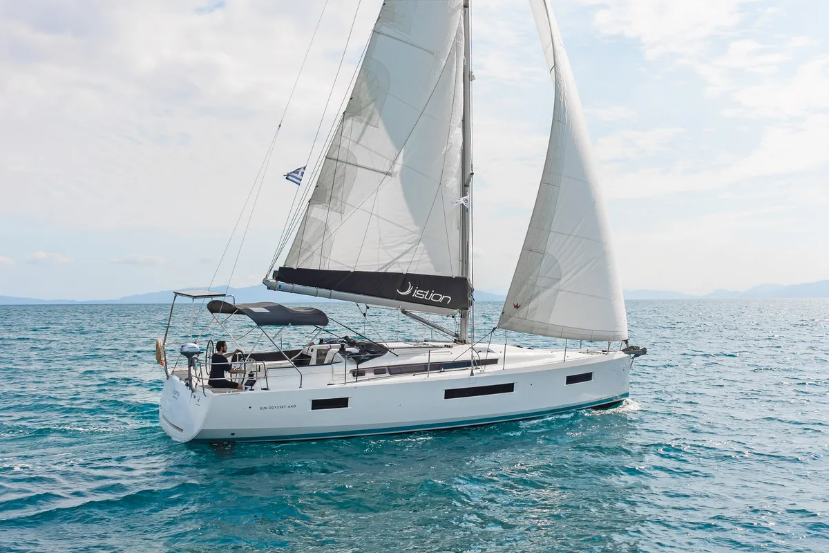 Exterior view of Esperos, a Jeanneau Sun Odyssey 440 sailboat at Volos, Greece