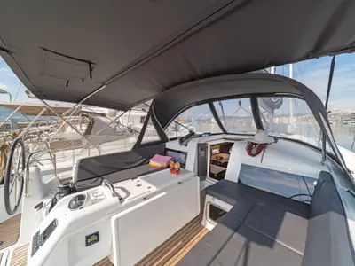 Deck of Esperos, a Jeanneau Sun Odyssey 440 sailboat at Volos, Greece